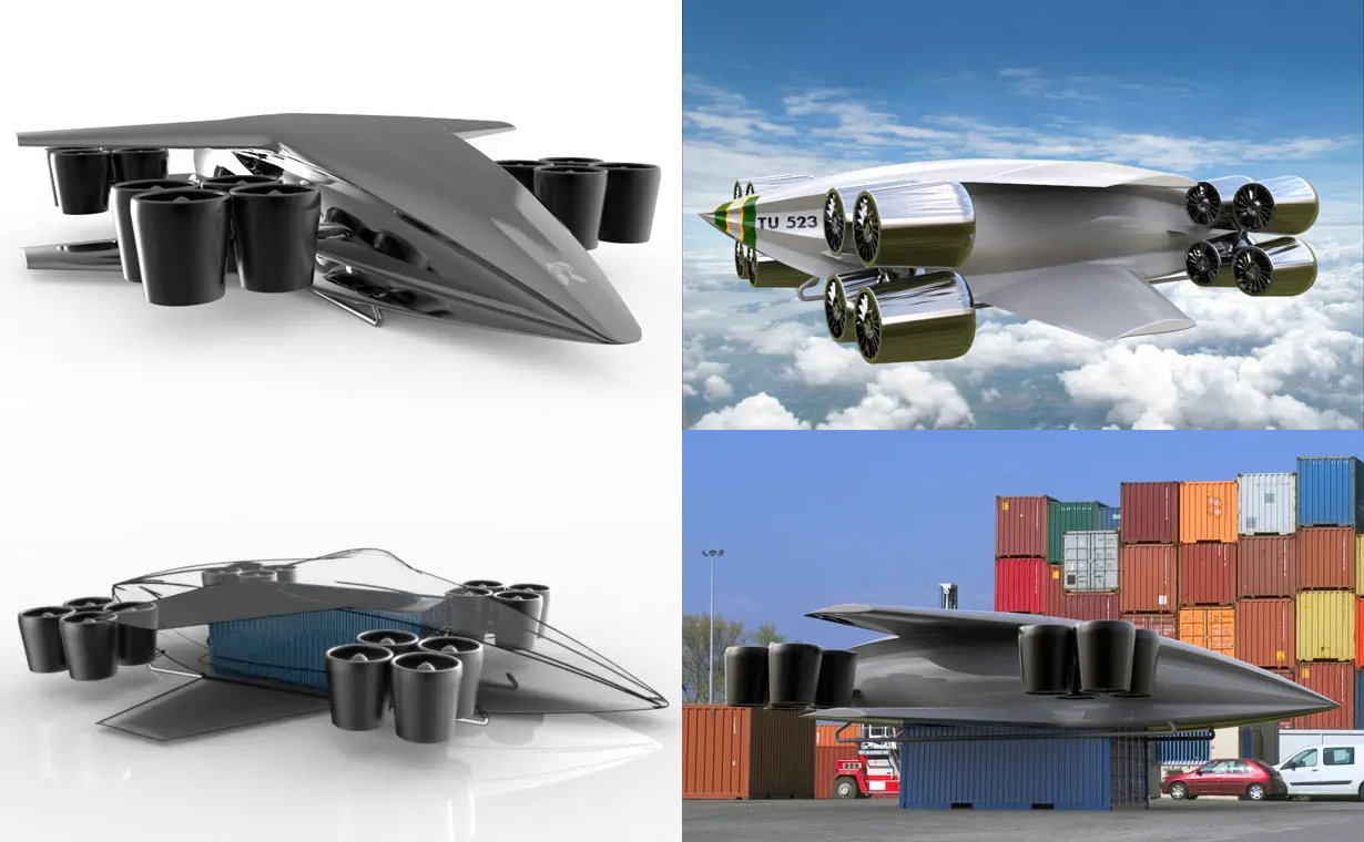 Reinhardt Works TU523 heavy-lift hybrid-electric VTOL intermodal container concept design cargo aircraft Reinhardt Works TU523 heavy-lift hybrid-electric VTOL intermodal container concept design cargo aircraft